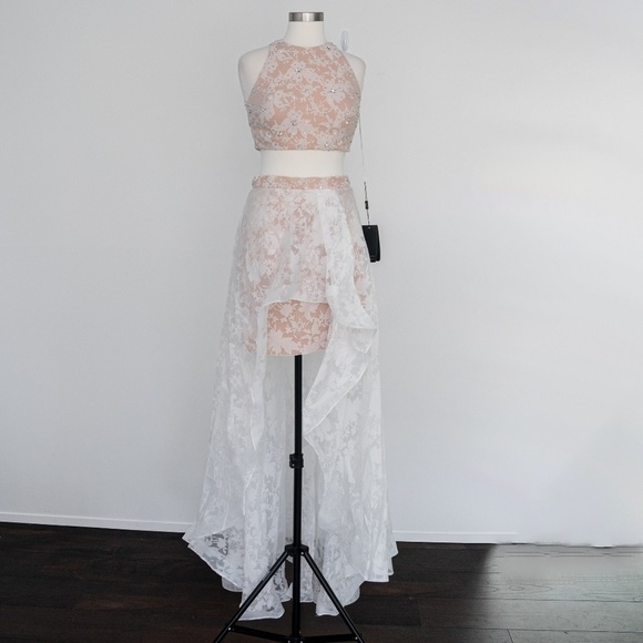 TERANI. Two Piece Halter Lacy Patterend Prom High Low Ball Gown - Picture 2 of 16